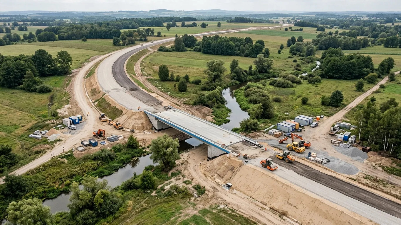 Budowa odcinka drogi z mostem nad rzeką