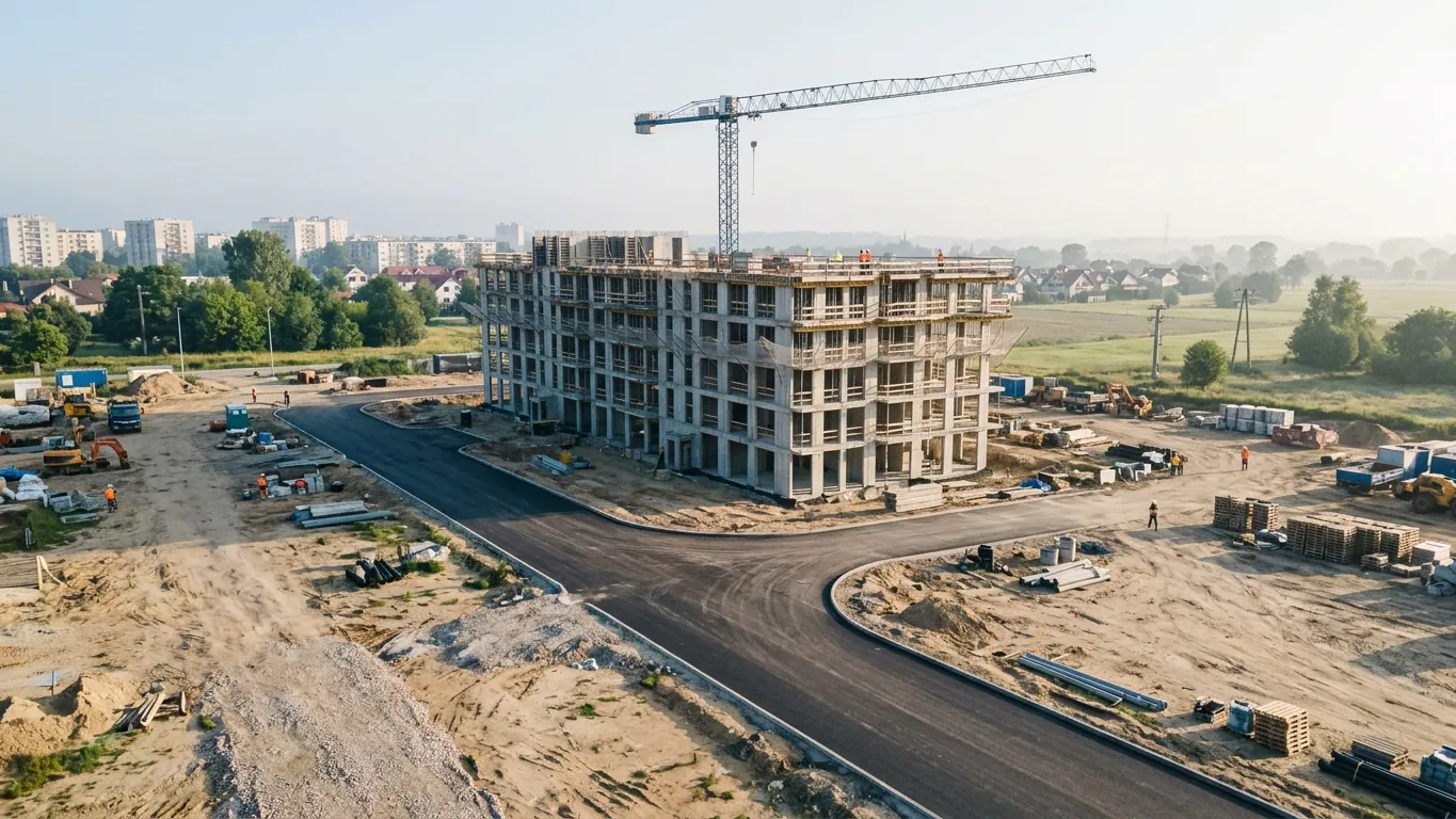 Plac budowy z budynkiem w konstrukcji żelbetowej, żurawiem i nową drogą dojazdową